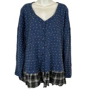 Oddy Womens Blue Swiss Raised Dot Womens Cardigan Sweater Plaid Ruffle V-Neck M